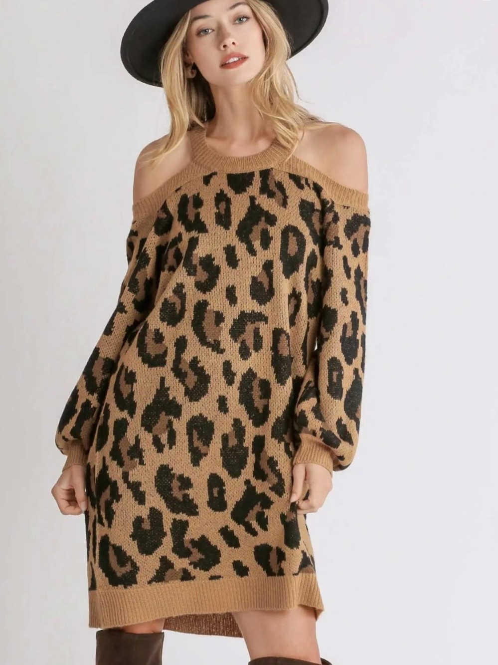 Umgee One-Shoulder Leopard Knit Dress in Camel and Black